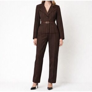 Perceptions Womens Brown Pinstripe Pant Suit Size 8 Career Y2K Office Siren Boss